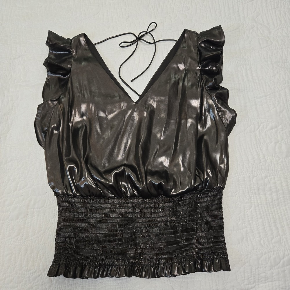 Nine West‎ Metallic Gunmetal Double V Smocked Ruffle 70s Disco Party Glam Small